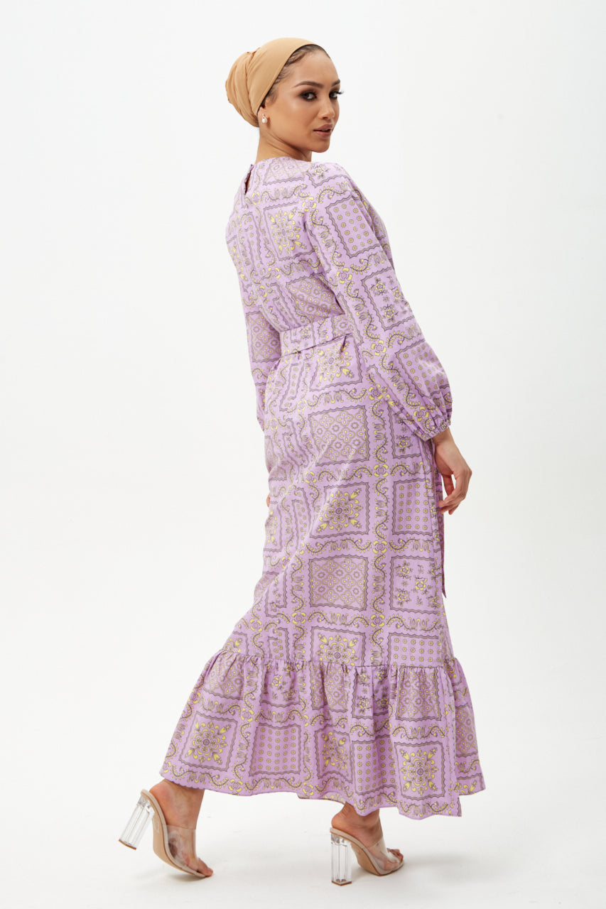 Purple Bandana Print Long Sleeve Maxi Dress