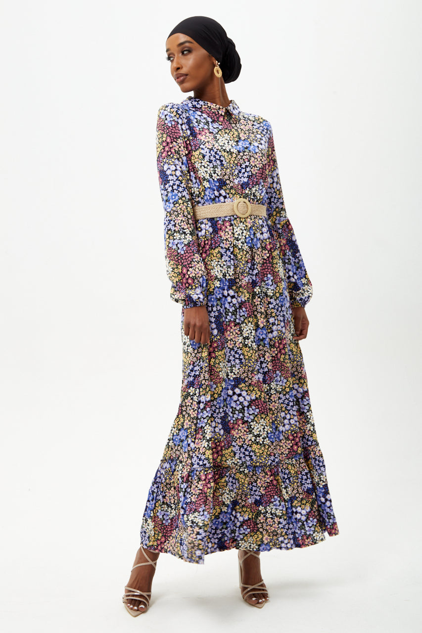 Purple Floral Long Sleeve Maxi Dress With Belt