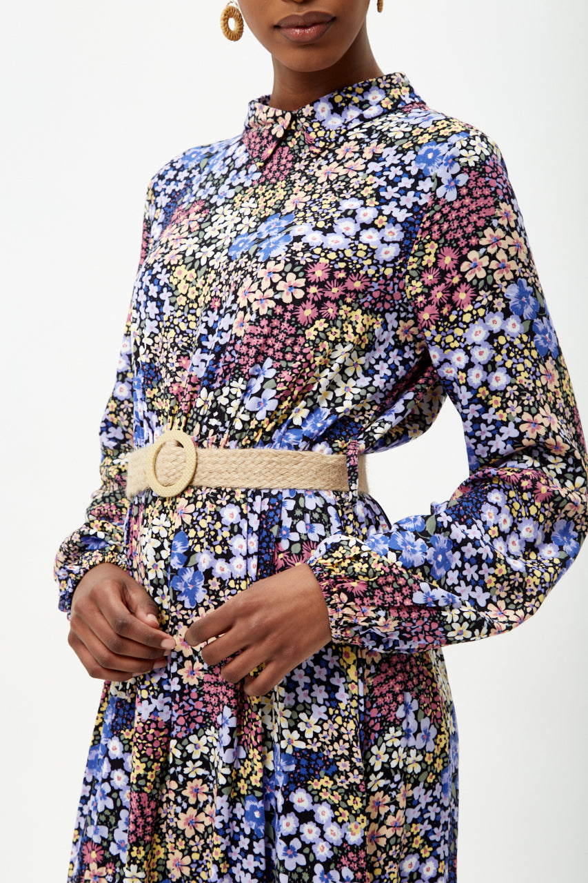 Purple Floral Long Sleeve Maxi Dress With Belt