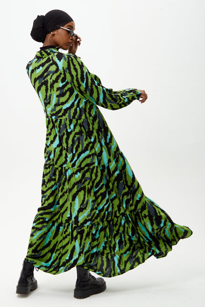 Green Tiger Print Long Sleeve Maxi Dress