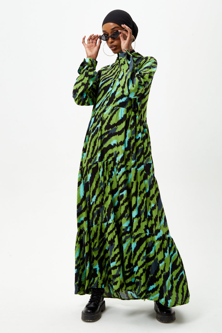 Green Tiger Print Long Sleeve Maxi Dress