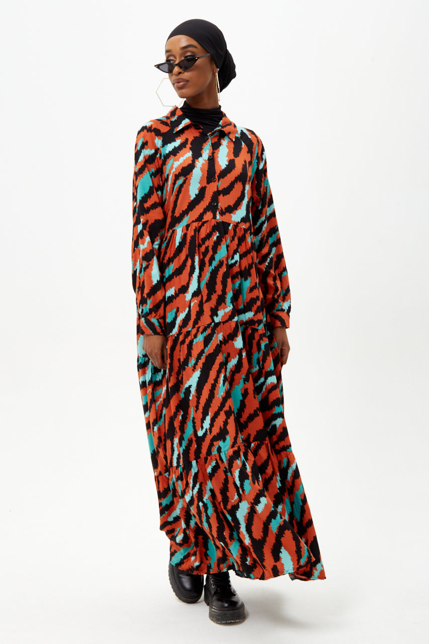 Orange Tiger Print Long Sleeve Maxi Dress