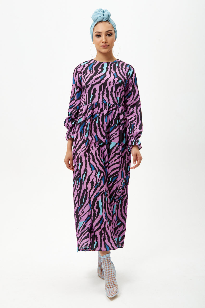 Purple Animal  Print Long Sleeve Maxi Dress