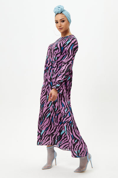 Purple Animal  Print Long Sleeve Maxi Dress