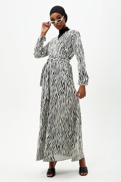 White and black Tiger Print Long sleeve Maxi Dress