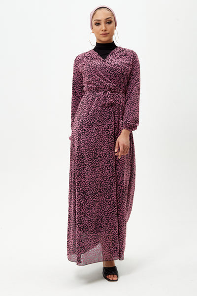 Pink Leopard Print Long Sleeve Maxi Dress