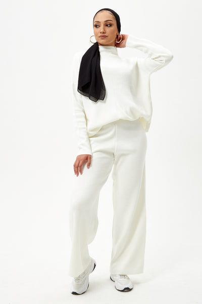 White Knit Jumper And Wide Leg Trousers Co-ord Set
