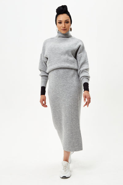 Grey Knit Jumper And Midi Skirt Co-ord Set