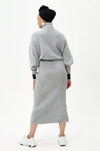 Grey Knit Jumper And Midi Skirt Co-ord Set
