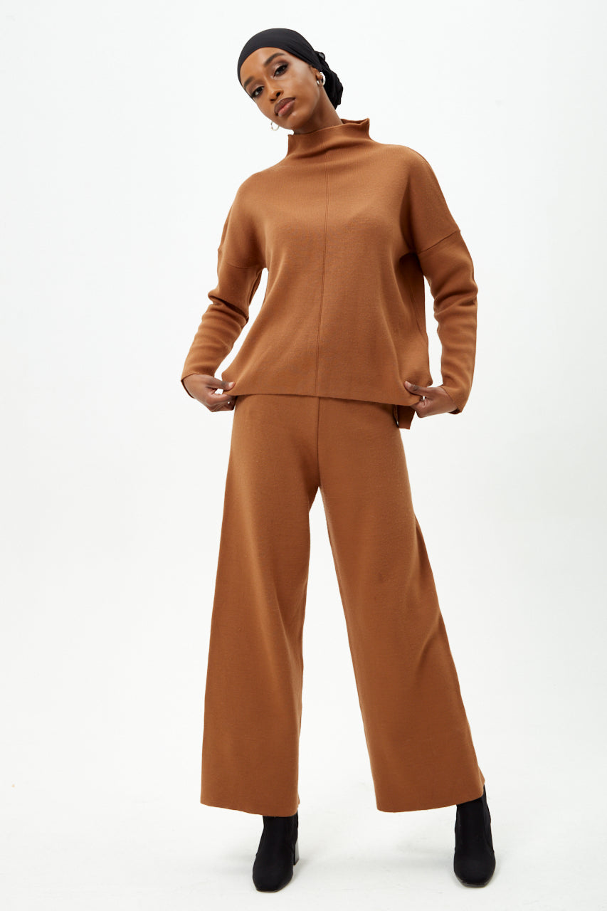 Camel Knit Jumper And Wide Leg Trousers Co-ord Set
