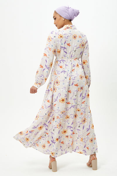 Cream Floral Maxi Dress With Waist Belt