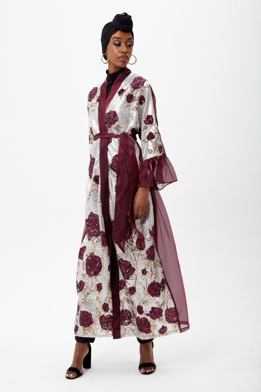 Burgundy Long sleeve Sequin Embellished Floral Kaftan