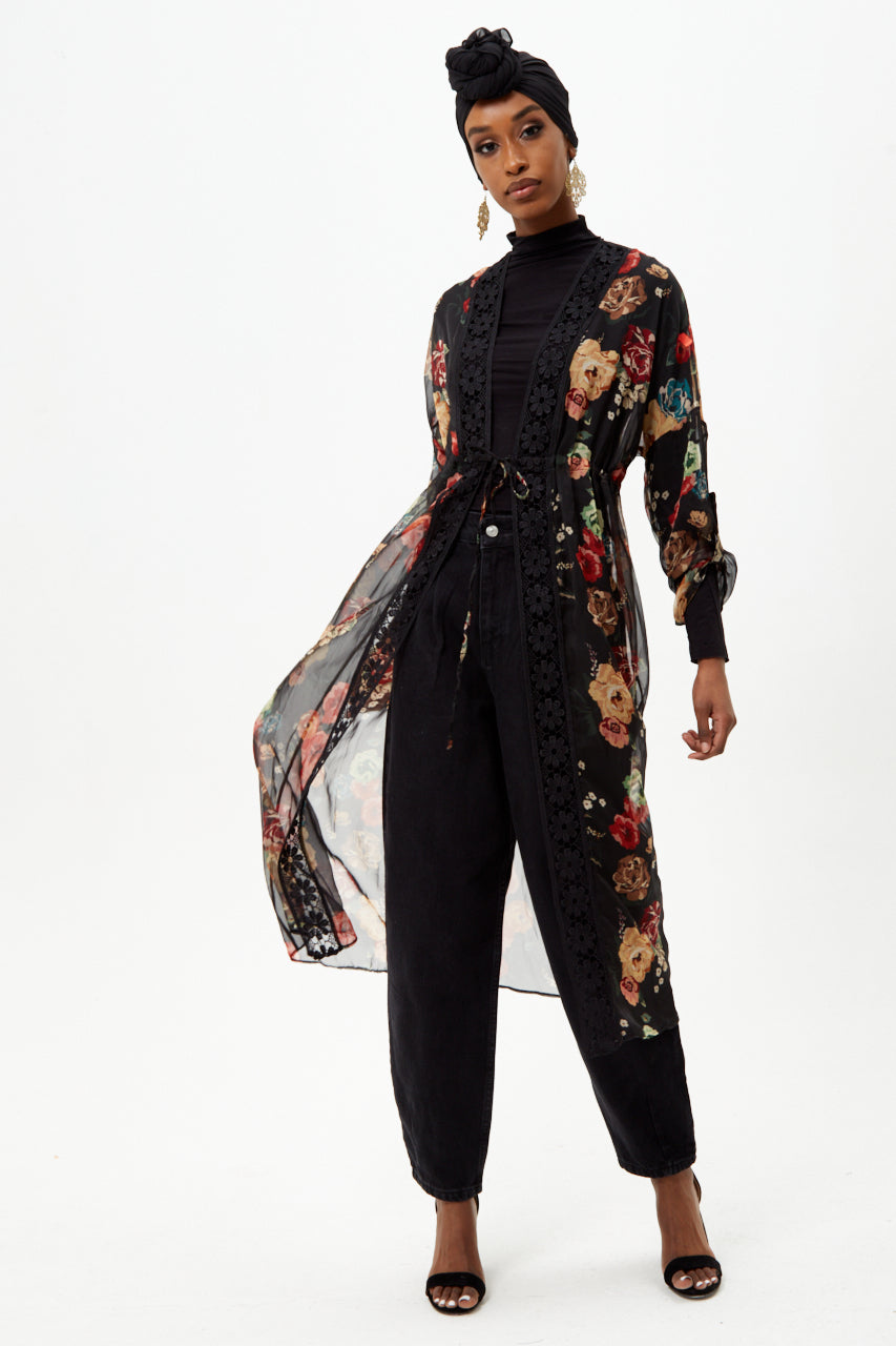 Black Floral Sheer Kimono