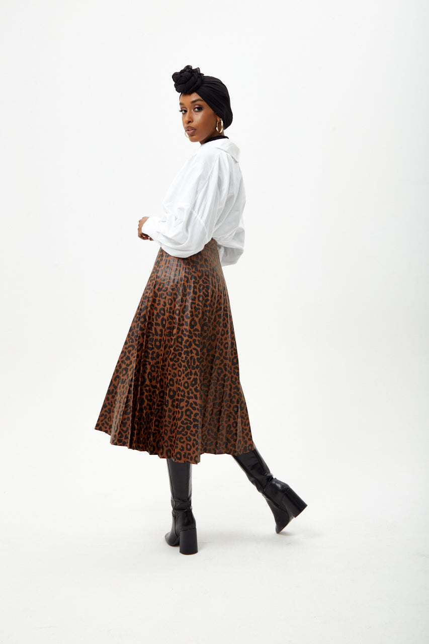 Brown Animal Print PU Midi Skirt