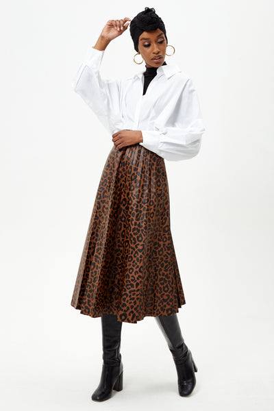 Brown Animal Print PU Midi Skirt