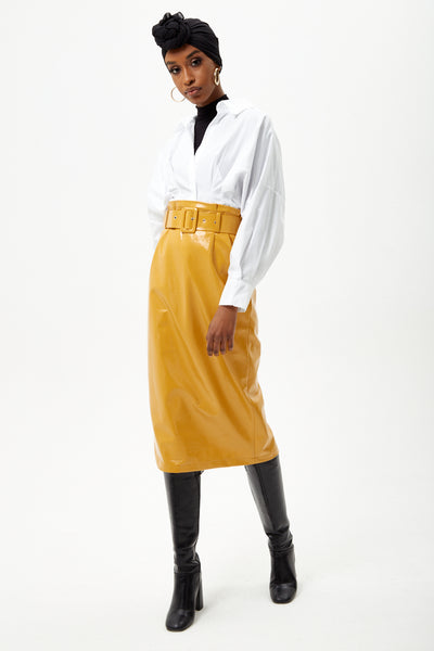 Yellow Pu Midi Belted Pencil Skirt