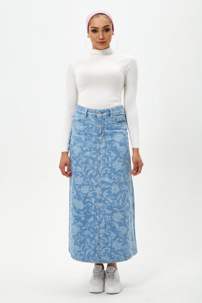 Floral Print Denim Maxi Skirt