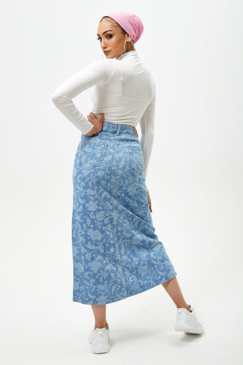 Floral Print Denim Maxi Skirt
