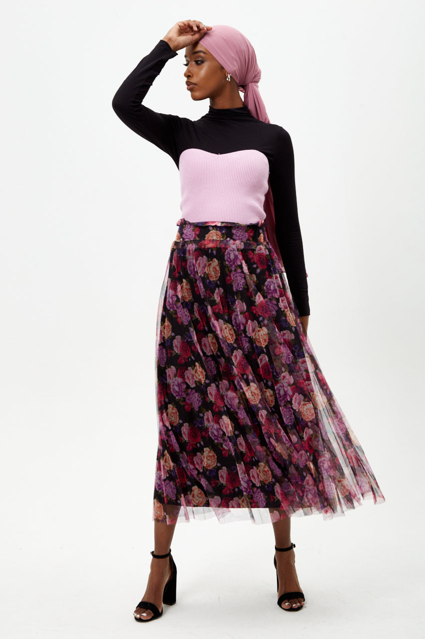 Floral Mesh Midi Skirt