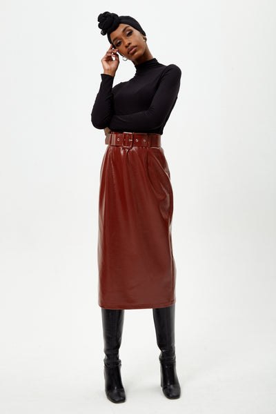 Brown Midi Pu Pencil Skirt With Belt