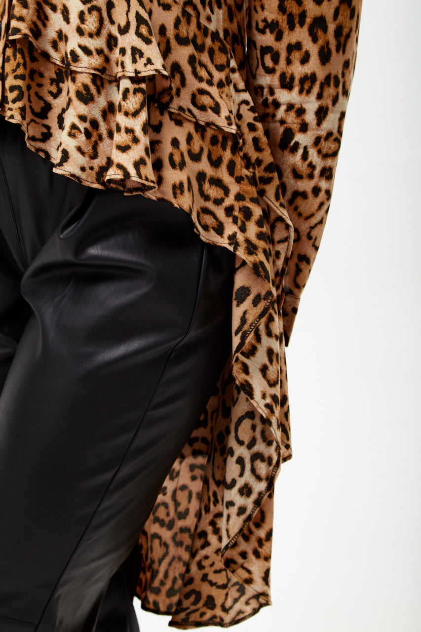 Asymmetrical Long Sleeve Leopard Print Shirt