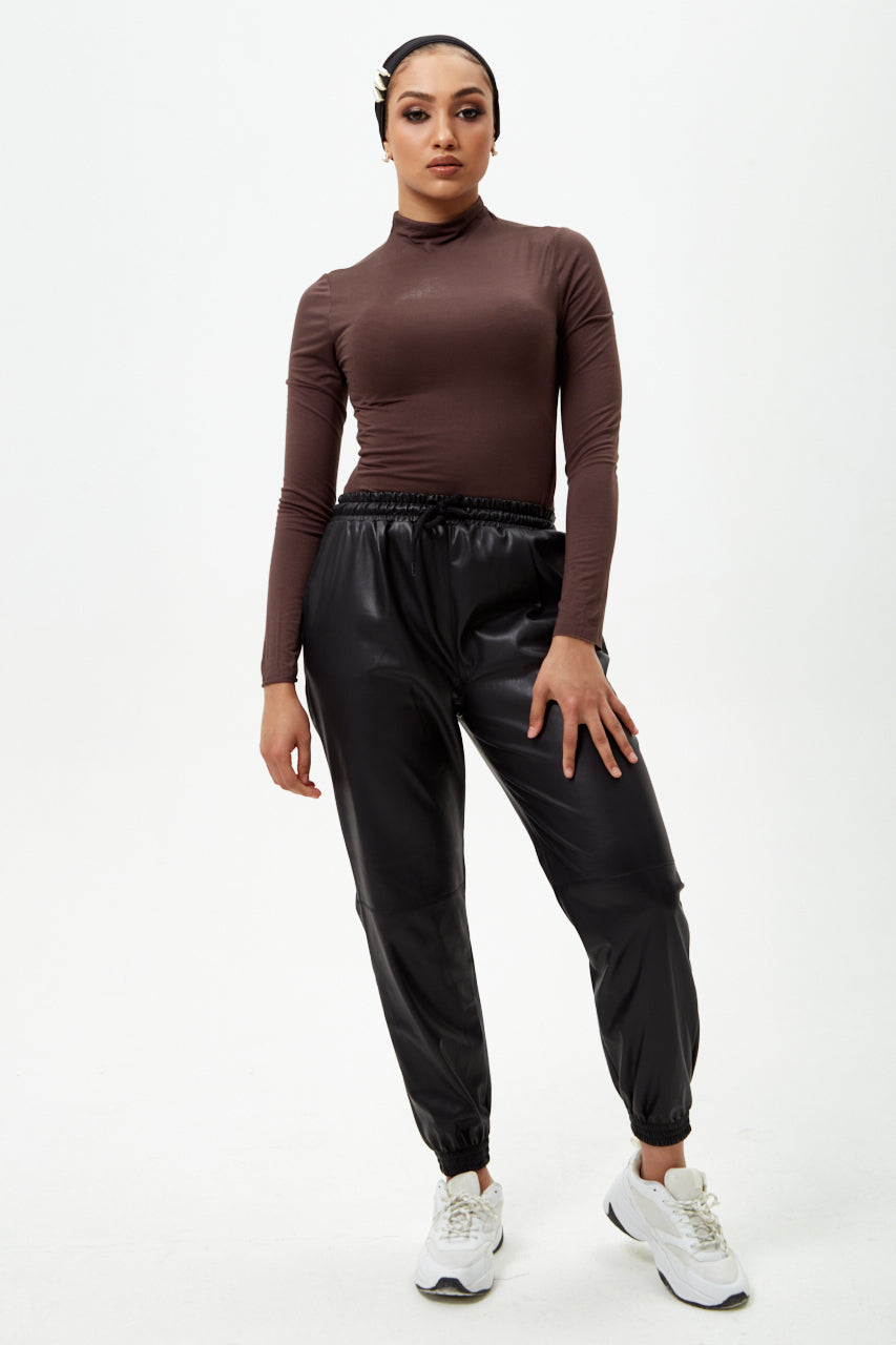 Black Pu Leather Cargo Trousers