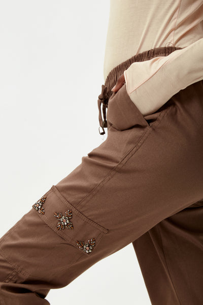 Brown Embroidery Gemstones Cargo Pants