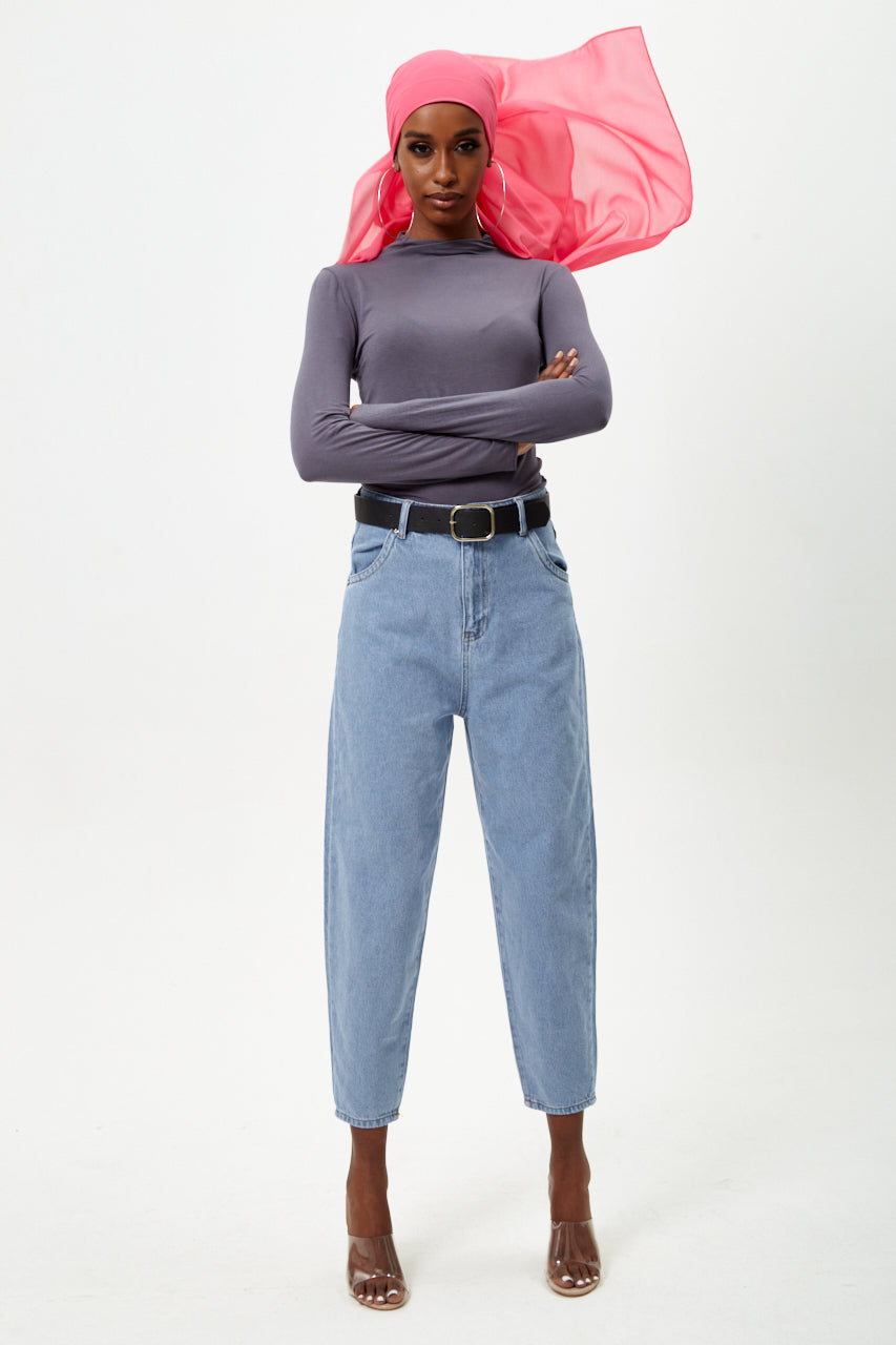 Mid Wash Belted Mom Jeans With Belt