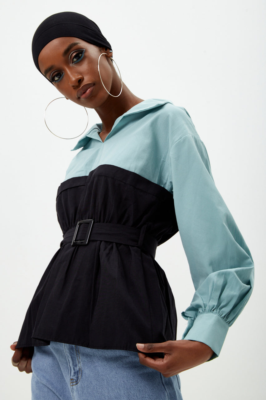Turquoise Bandeau Contrast Belted Shirt